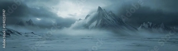 Fototapeta A stunning, dramatic landscape featuring towering mountains enveloped in mist and clouds, creating a mystical atmosphere in a cold, desolate environment.
