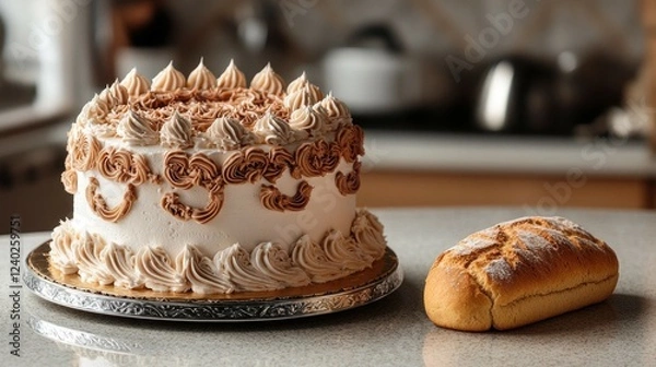 Fototapeta A lavishly decorated cake with intricate details beside a plain loaf of bread on a kitchen counter.