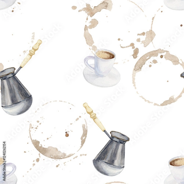 Fototapeta Watercolor seamless pattern with white ceramic cup of espresso coffee inside standing on white saucer and metal Turk with a wooden handle