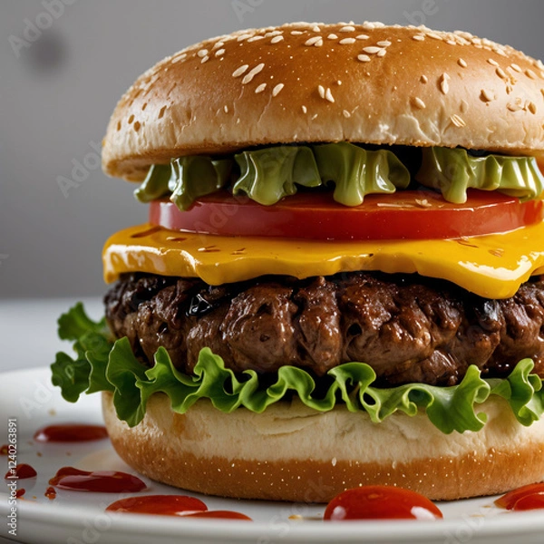 Fototapeta Classic cheeseburger with melted cheese, fresh lettuce, and tomato on a sesame seed bun, drizzled with ketchup on a white plate.