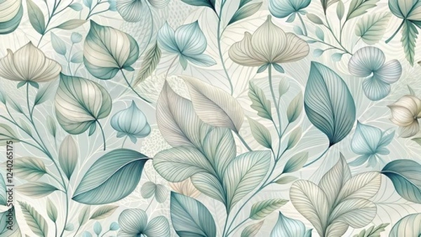 Fototapeta Elegant Botanical Line Art A Seamless Pattern of Delicate Leaves and Flowers in Soft, Muted Greens and Creams