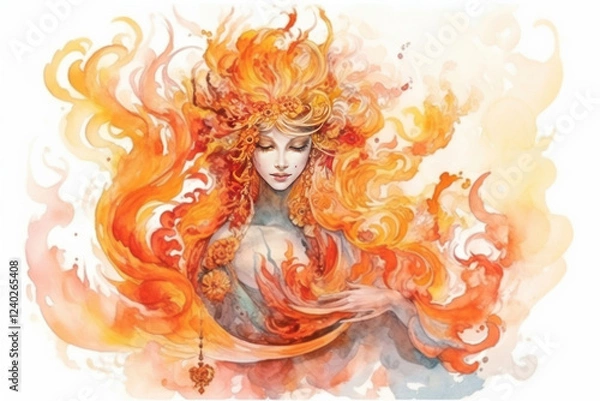 Fototapeta fiery maiden, fire, illustration., watercolor style, Generative AI