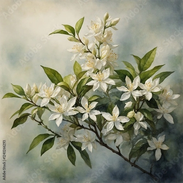 Fototapeta A soft-focus watercolor of a branch of blooming jasmine flowers.