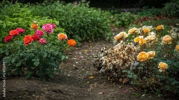 Fototapeta A garden with two distinct flower beds: one with a small number of vibrant, well-tended roses and the other overgrown with a mass of dull, wilted flowers.