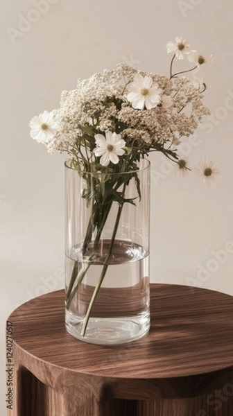 Fototapeta Colorful flower arrangement in a glass vase on a wooden table in a modern setting
