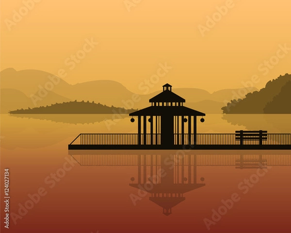 Obraz landscape - silhouette of a house on a background of mountains, sky with reflection in water.