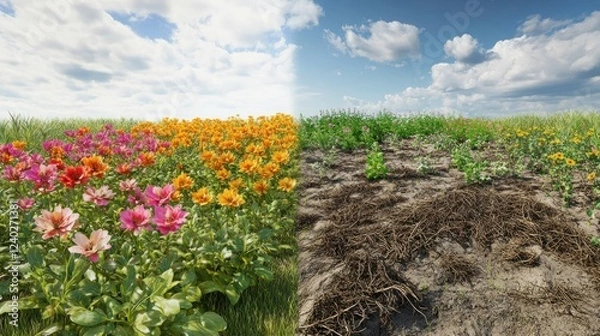 Fototapeta A flourishing garden with blooming flowers versus a dead and overgrown patch of weeds.
