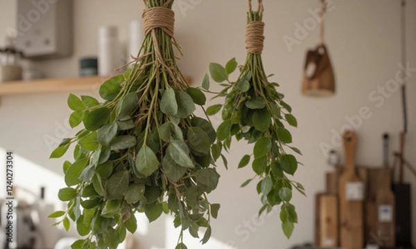 Fototapeta A freshly plucked bunch of wild herbs, including thyme, rosemary, and sage, tied together with twine, hanging from a small
