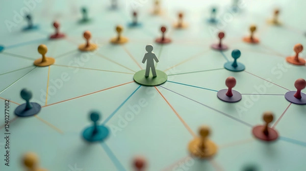 Fototapeta Illustration of human figure at center of network with colorful pins representing connection and collaboration in creative workspace setting