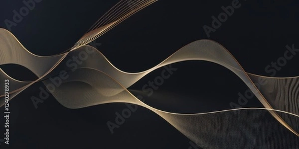 Fototapeta A sophisticated minimalist visual on a jet-black backdrop, Sparse thin intersecting shapes and light wave lines, Contemporary minimalist style