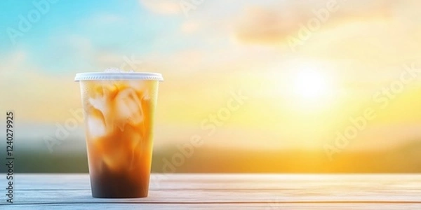Obraz Cold brew coffee in a plastic cup on a wooden table with a golden sunrise in the background. Refreshment and morning energy concept.