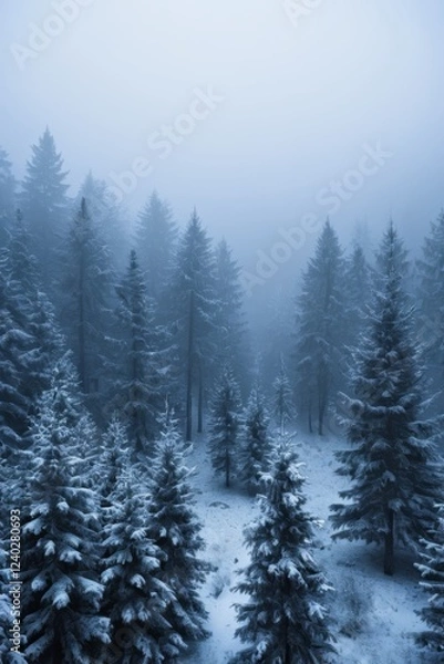 Fototapeta snowy trees in a forest with a foggy sky