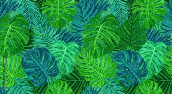 Fototapeta Seamless pattern of tropical leaves in vibrant greens and blues ideal for summer themes