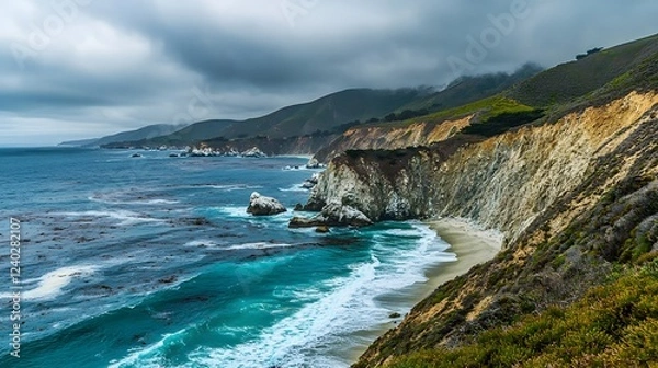 Fototapeta Scenic coastal view, dramatic cliffs meeting turbulent ocean waves under a cloudy sky, perfect for travel or nature themes.