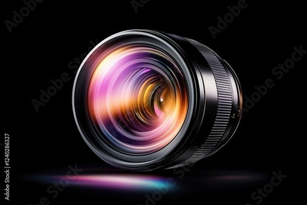 Fototapeta Close-up of a camera lens with vibrant reflections on a black background. Modern photography and professional equipment representation.