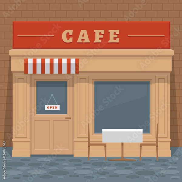 Obraz Facade local street cafe with windows, doors and table, front view. Front of house. Vector detailed illustration.