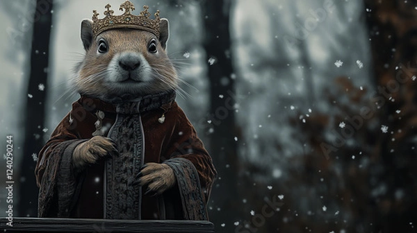 Fototapeta In a serene forest, whimsical groundhog stands regally on a wooden podium, adorned with a delicate golden crown and a flowing velvet robe trimmed with intricate embroidery. The scene is bathed in soft