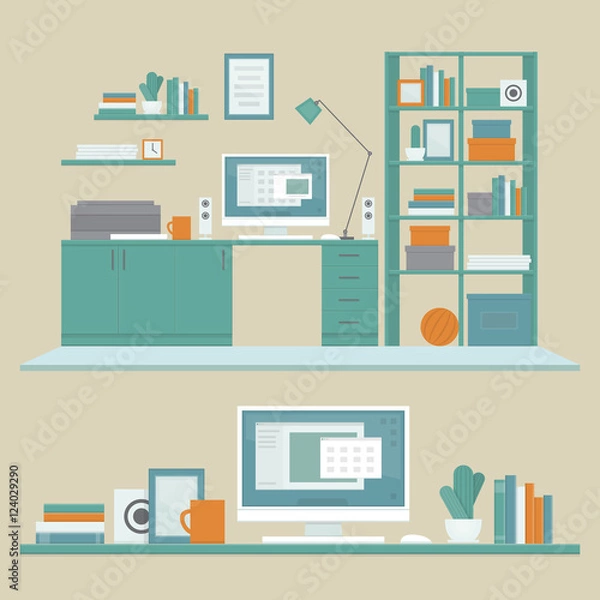 Fototapeta Workplace freelancer with desk, computer, shelves and equipment. Workspace. Home office. Work room modern interior. Flat design style, vector illustration.