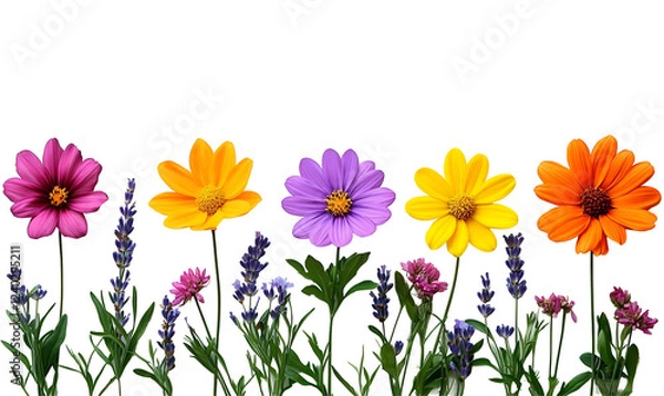 Obraz Vibrant flowers bloom, garden border, dark background, design element