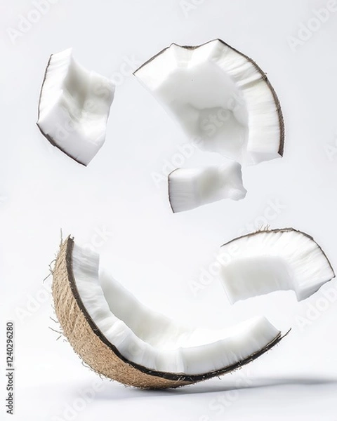 Fototapeta Coconut pieces floating on a white background in an artistic display
