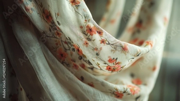 Obraz A sheer floral fabric elegantly drapes, showcasing tiny orange blossoms and delicate branches, creating a serene and airy ambiance by the light.