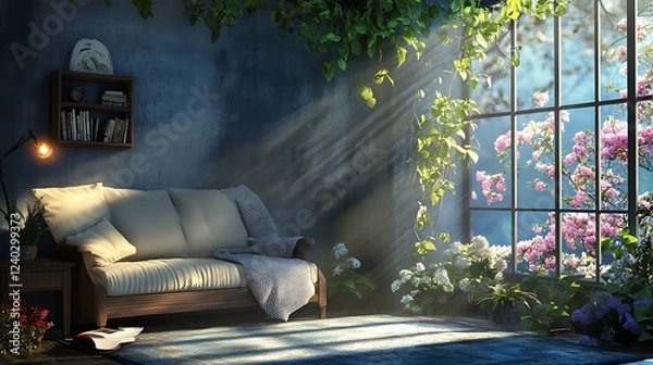 Fototapeta Sunbeams Streaming Through a Window into a Cozy Living Room