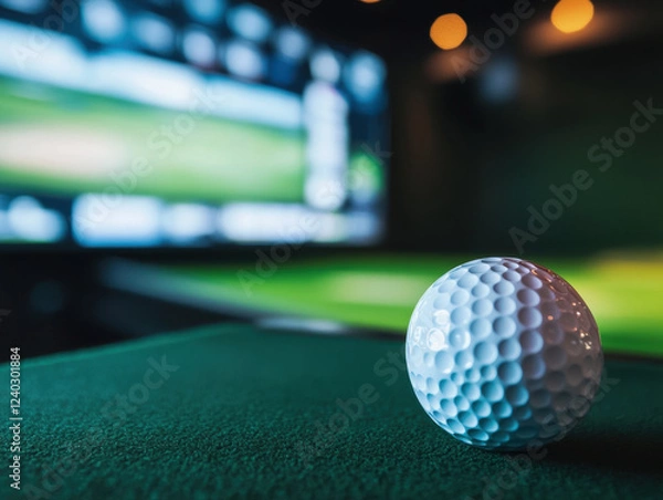 Fototapeta golf ball rests on green surface in front of golf simulator screen, creating immersive golfing experience. background features digital display of golf course, enhancing atmosphere