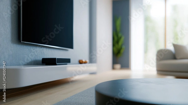 Fototapeta modern living room featuring sleek television, minimalist decor, and cozy atmosphere. space includes stylish coffee table and touch of greenery, creating serene environment