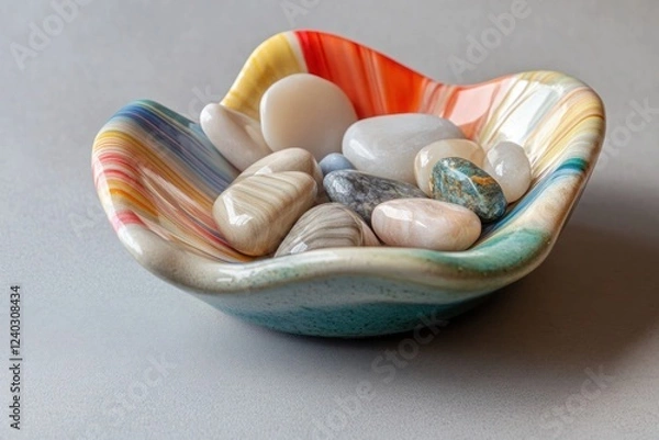 Fototapeta A colorful, abstract ceramic dish holding a selection of polished worry stones, set on a neutral gray surface.