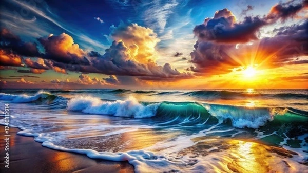 Fototapeta Ocean waves crash on a sunset beach, a double exposure dream.