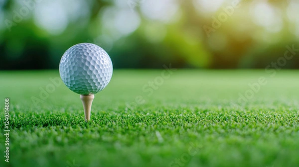 Fototapeta Close up golf ball on tee with blurred green background, showcasing serene golfing atmosphere. Perfect for sports enthusiasts and nature lovers