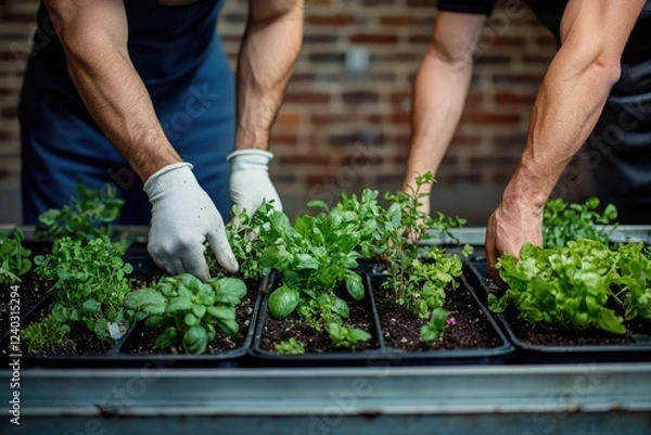 Fototapeta Two men wearing gloves carefully plant various herbs and greens in a long, rectangular planter.