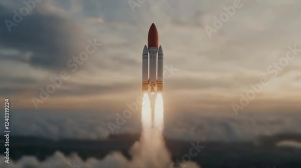 Fototapeta Elegant A futuristic rocket taking off over digital landscapes symbolizing startup growth and tech innovation launch success 