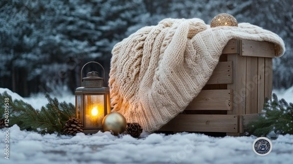 Fototapeta A chunky knit throw in soft cream tones, arranged on a wooden crate beside a glowing lantern and rustic winter decor, placed in a snowy outdoor scene.