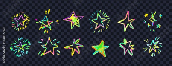 Obraz Set of colorful neon chalk drawing stars. Shine or sparkle doodle collection. Children style rainbow wax pencil handdrawing elements of night sky. Vector crayon scratch grunge texture star shapes