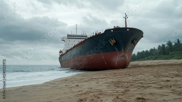Obraz Elegant Rusted abandoned oil tanker stranded on a sandy beach with weathered paint and dramatic storm clouds rolling in 