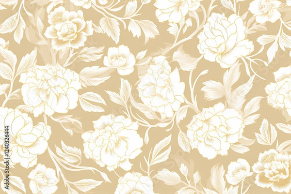 Obraz Elegant White Roses and Beige Leaves Seamless Floral Pattern