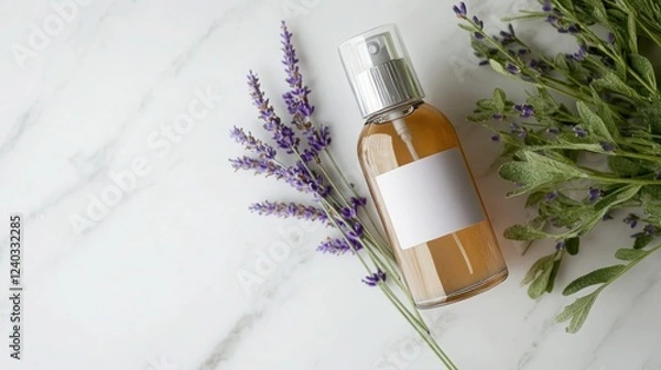 Fototapeta A bottle of lavender-scented calming spray with a minimalist label, placed next to fresh lavender sprigs on a white marble surface.