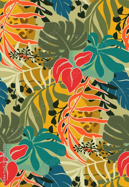 Fototapeta Bright vector seamless pattern with colorful tropical plants and flowers, palm leaves. Cute botanical abstract contemporary endless background.