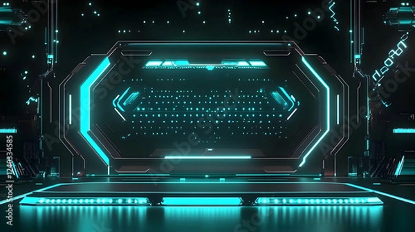 Obraz Futuristic portal, glowing blue, dark room, tech background; website banner