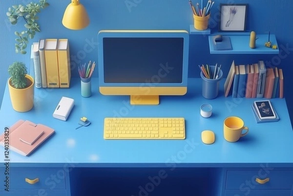 Fototapeta A vibrant blue desk setup featuring a computer, keyboard, and mouse in yellow. Surrounding items include books, stationery, a plant, and a coffee cup, creating a cheerful workspace. 