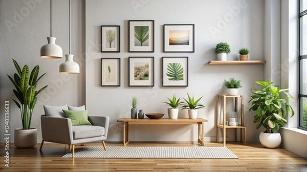 Obraz Modern Minimalist Living Room Interior with Greenery and Artwork