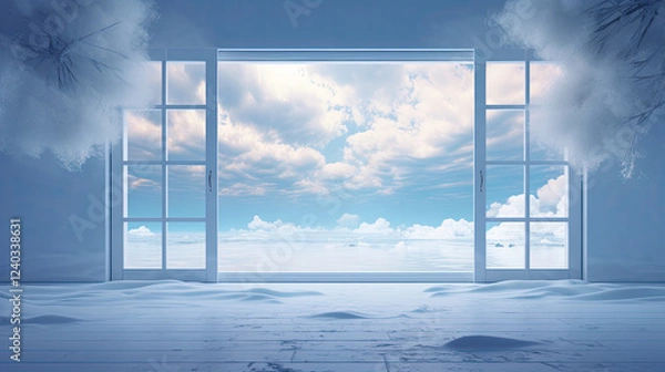 Fototapeta Dreamlike Room with Open Door to a Cloudy Sky