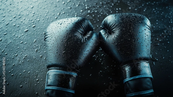 Fototapeta Boxing gloves with water droplets on dark surface, showcasing their texture and shine. image evokes sense of intensity and readiness for action