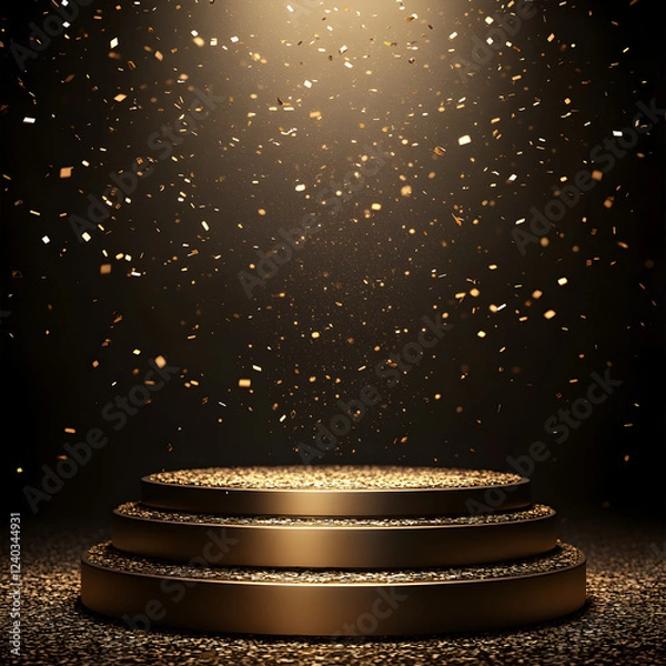 Fototapeta Luxury Golden Stage with Sparkling Confetti Falling Under a Spotlight, Creating an Elegant and Prestigious Scene for Award Shows, Recognition Events, and Celebrations