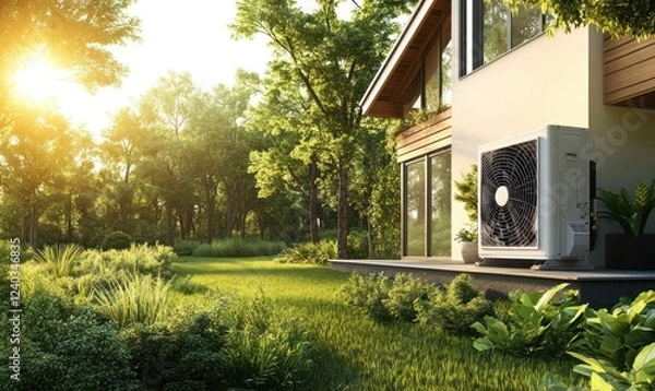 Obraz Eco-Friendly Home: Modern House with Heat Pump in Lush Green Setting