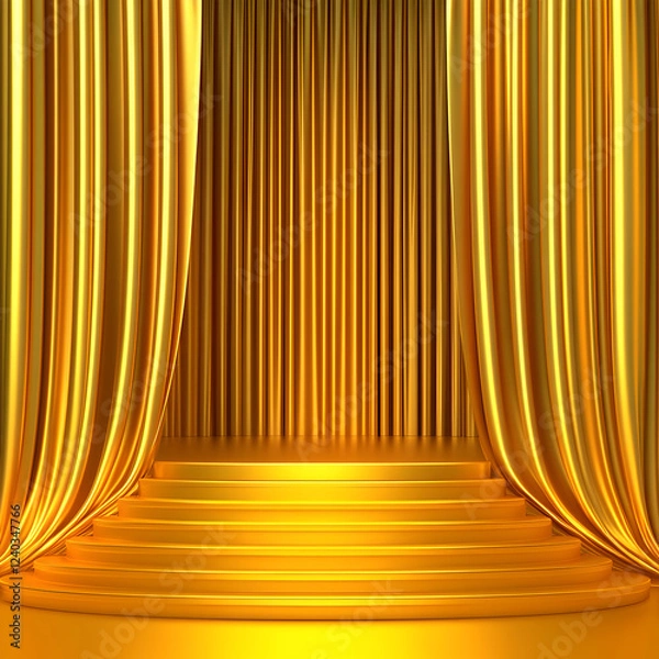 Fototapeta Golden Stage with Dramatic Spotlights and Elegant Curtains, Creating a Luxurious Performance Setting for Award Ceremonies, Theater Shows, and Grand Event Presentations