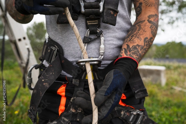 Fototapeta Close up of a technician's harness tying off the rope