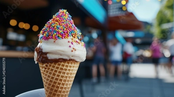 Fototapeta A Delicious Ice Cream Cone with Rainbow Sprinkles in a Blurred City Background