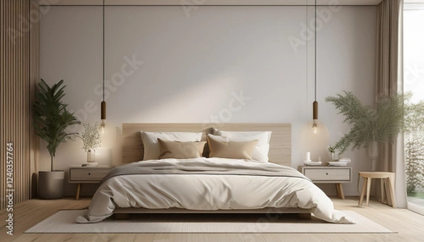 Fototapeta Bedroom Wall Mockup Template, 3d Render Wall Mockup, minimalist style bedroom with neutral and white black